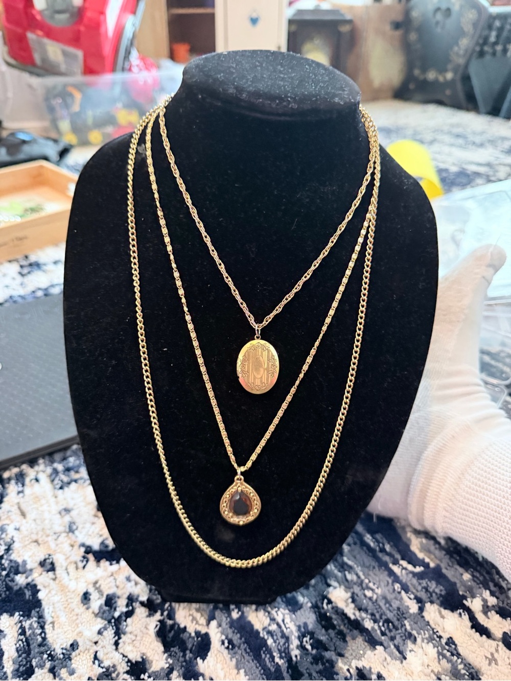 Vintage Goldette Faux Amber and Oval Locket 3 Layer Chain Necklace Gold Tone 26"